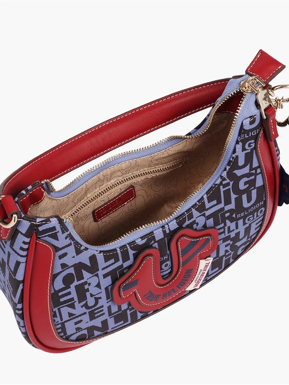 True Religion Graphic Horseshoe Hobo Bag in Blue and Red w/Buddha Charm